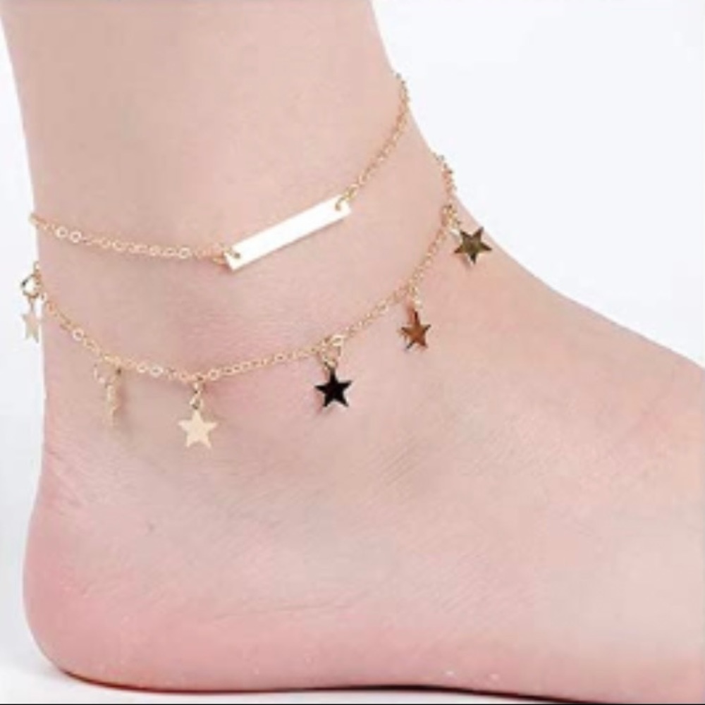 Layered adjustable anklet with stars and bar